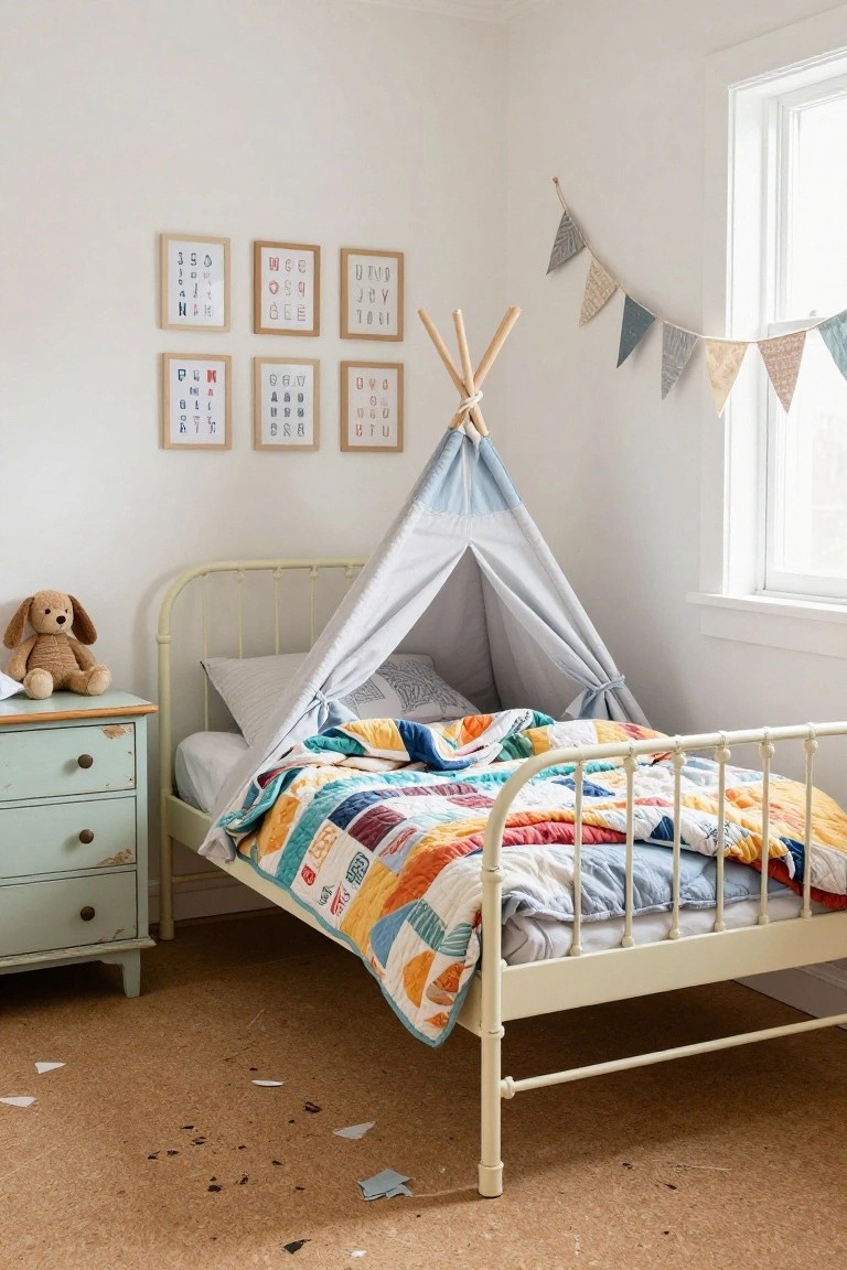 Child's bedroom with pale green metal bed frame under a blue fabric teepee canopy, colorful patchwork quilt on bed, mint green dresser with stuffed animals, educational letter prints on walls, and bunting garlands.
