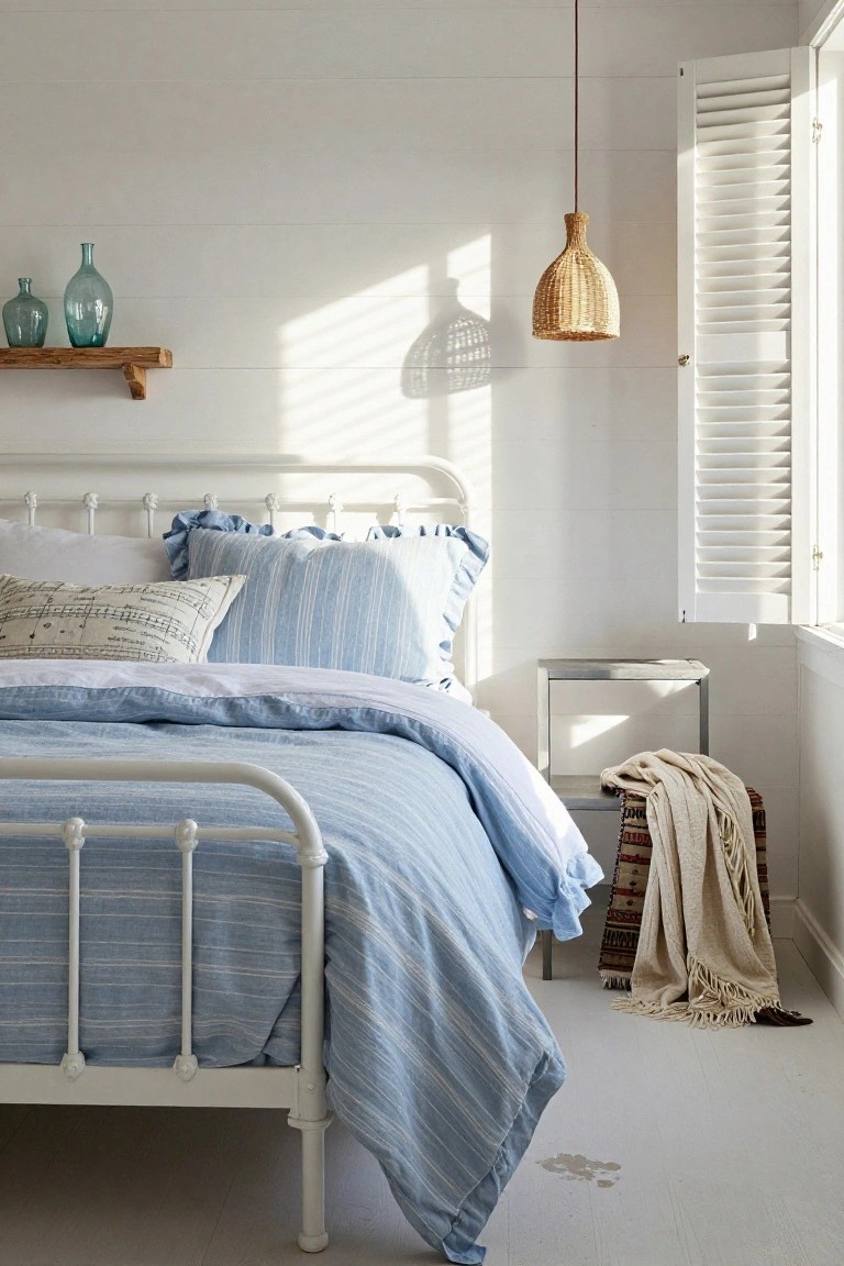Bedroom with white metal bed frame topped by blue striped duvet and ruffled pillows, small metal nightstand holding folded throws, wooden shelf with blue glass bottles, rattan pendant light, and white shutters on window.