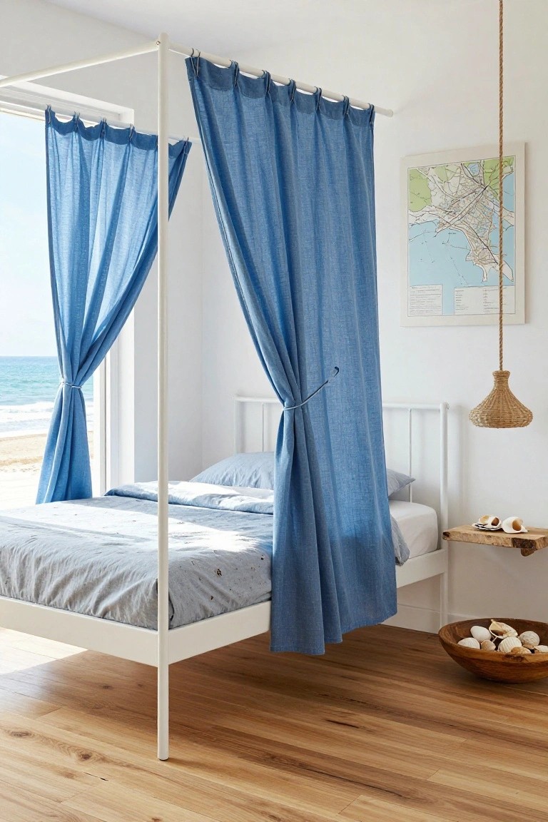 White metal four-poster bed frame with blue linen curtains draped from the posts in a bright bedroom featuring large windows overlooking the ocean, wooden side table, and rattan pendant light.