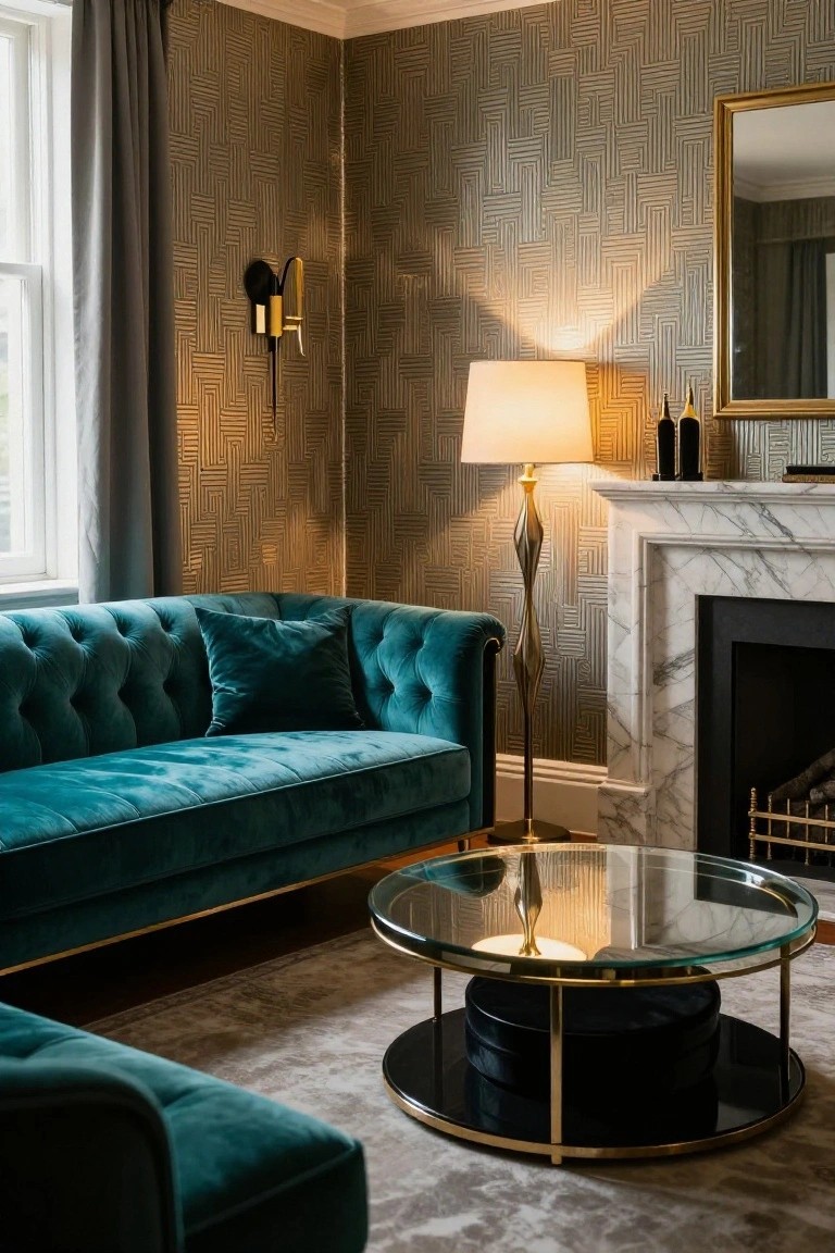 Living room with turquoise tufted velvet sofa facing marble fireplace, geometric gold wallpaper, brass torchiere floor lamp, glass-top coffee table on black base, and gray curtains at window.
