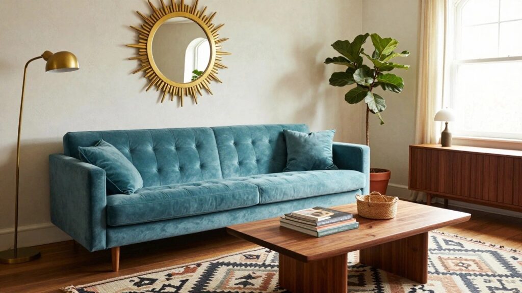 Turquoise tufted velvet sofa in a living room with beige walls, gold sunburst mirror, wooden coffee table, woven basket, tripod floor lamp, fiddle leaf fig plant, and arched window with cream curtains on a patterned rug.