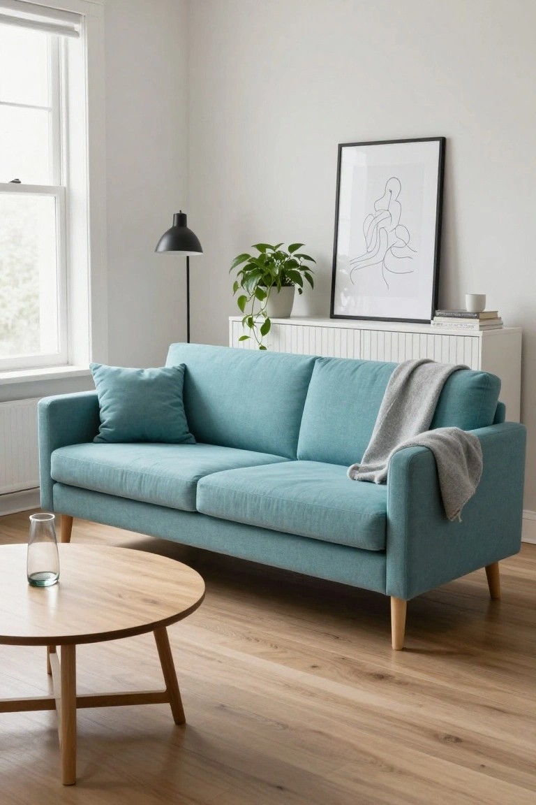 Turquoise fabric sofa with gray throw on a living room floor next to wooden coffee table, potted plant on cabinet, black arc lamp, and line art print on white wall.