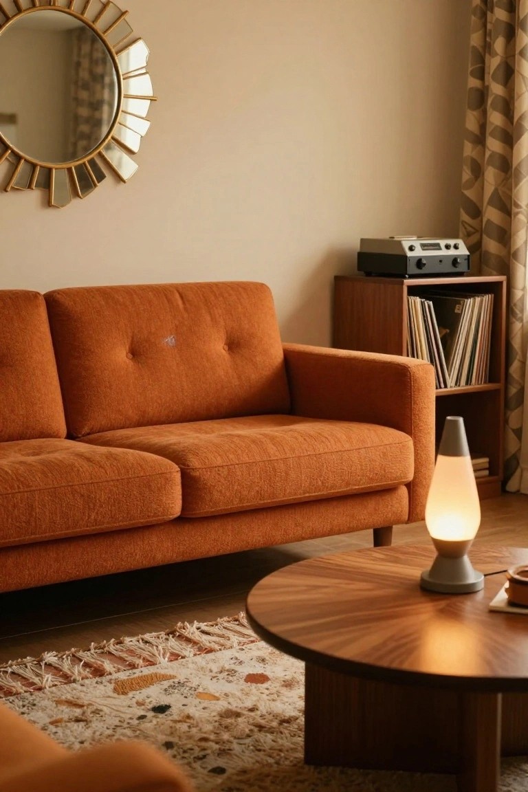 Living room with burnt orange tufted sofa, round wooden coffee table on patterned rug, lava lamp, wooden shelves with records, sunburst mirror, and beige walls with curtains.