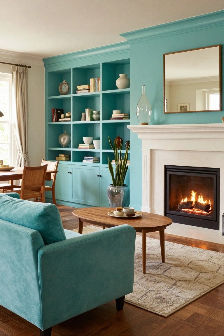 A living room with turquoise painted built-in bookshelves flanking a white fireplace with a burning fire, turquoise upholstered sofa, wooden coffee table holding teacups, and potted plants on wood floors.