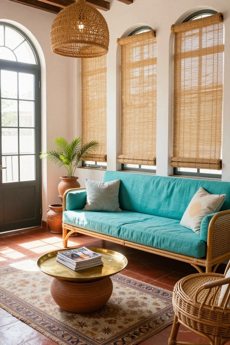 Living room with turquoise rattan sofa, pillows, gold tray on terracotta stool coffee table, woven hanging lamp, bamboo blinds on arched windows, potted palms, and rattan armchair on terracotta tile floor.