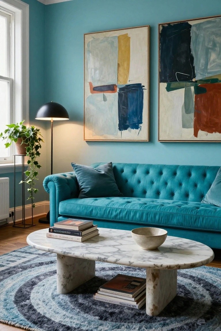 Living room with turquoise tufted sofa against turquoise walls, two large abstract paintings, black floor lamp with potted ivy plant nearby, white marble oval coffee table holding books and a bowl, and a round rug.