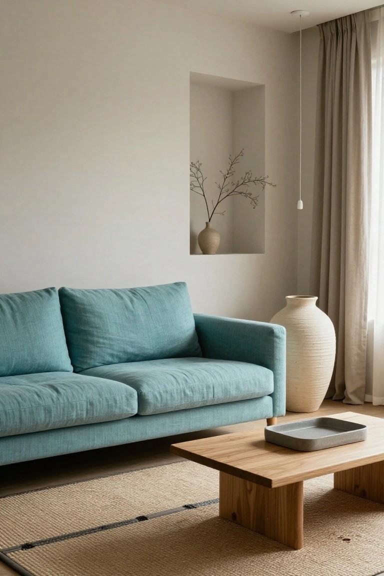 Beige living room with turquoise linen sofa, wooden coffee table holding gray tray, large textured beige vase nearby, wall niche with branches in vase, seagrass rug, and light curtains by window.