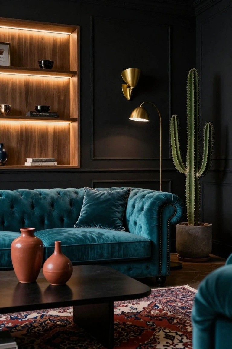 Black-walled living room corner with turquoise velvet tufted sofa, wooden lit shelves holding bowls and books, gold wall lamp and floor lamp, tall potted cactus, two terracotta vases on black coffee table, and red Persian rug.