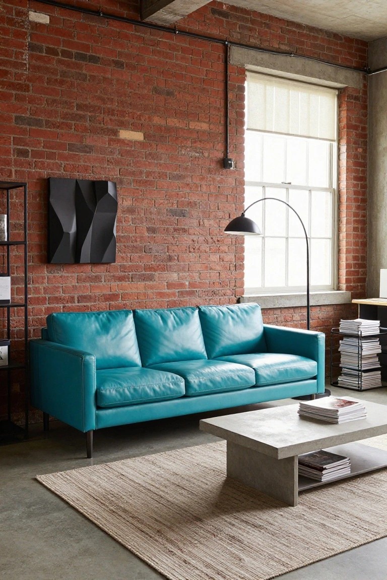 Living room featuring a turquoise leather three-seater sofa, exposed red brick walls, concrete coffee table, black metal bookshelf with abstract art, arc floor lamp, and stacks of magazines near a large window with sheer curtains.