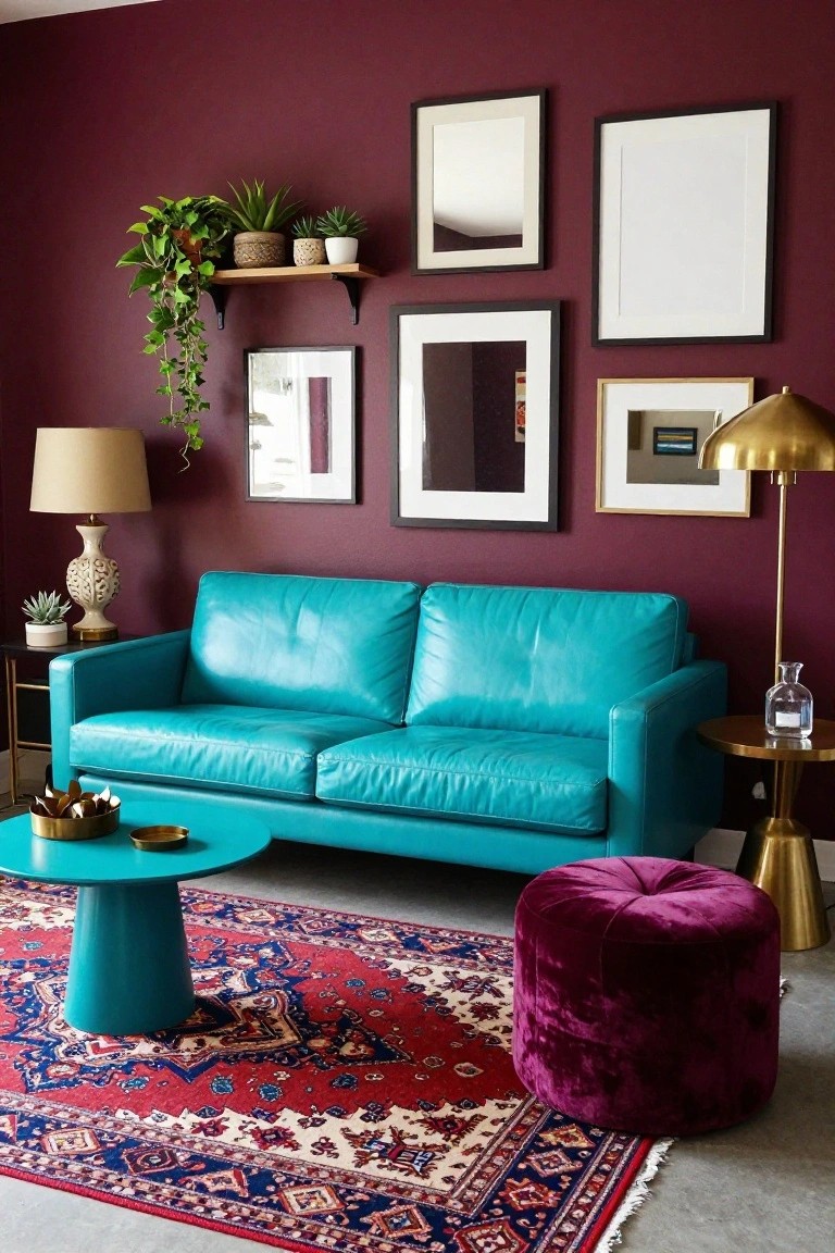 A turquoise leather sofa sits in a deep maroon living room with floating shelves of plants, assorted framed art on walls, beige and brass lamps, a teal cone-shaped coffee table, purple velvet ottoman, gold side table, and red Persian rug on wood floor.