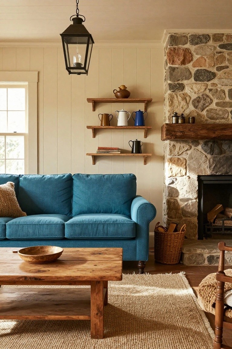Living room with turquoise three-seater sofa facing stone fireplace, wooden coffee table holding wooden bowl, shelves with pottery above sofa, beige paneled walls, and seagrass rug.