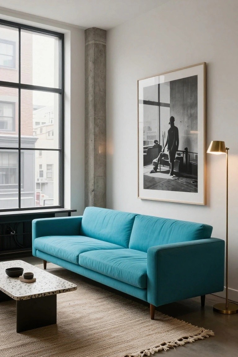 Modern living room with turquoise sofa, low black-based terrazzo coffee table holding ceramic bowls, seagrass rug, gold floor lamp, large framed black-and-white photograph of a man on wall, exposed concrete pillar, and large black-framed windows.