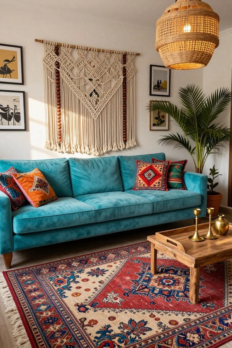 Turquoise velvet sofa on a red patterned rug in a living room with macrame wall hanging, rattan pendant light, potted palm plant, colorful pillows, brass candlesticks and vase on wooden tray table.