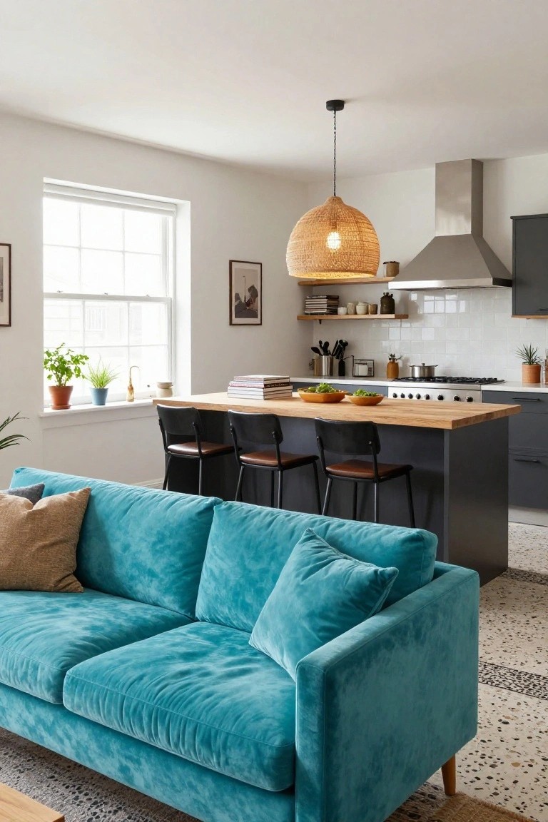 Open-plan interior with turquoise velvet sofa next to wooden kitchen island, black stools, white walls, rattan pendant light over stove, and potted plants near window.