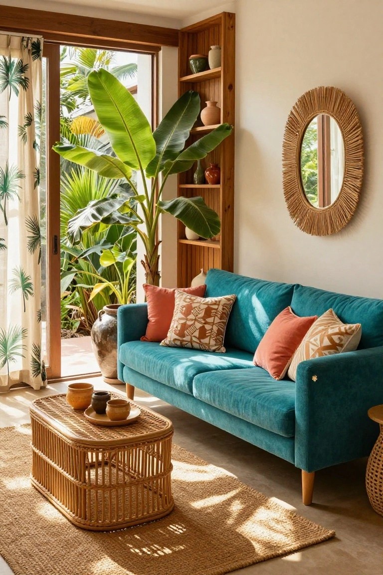 Living room with turquoise velvet sofa on wooden legs, rattan coffee table holding teacups and a plate, wooden shelves with ceramic pots, large potted banana plant, and sliding glass doors open to tropical outdoor greenery.