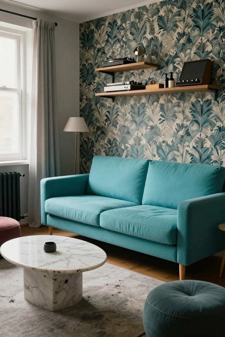 Living room with turquoise upholstered sofa, teal palm leaf wallpaper on walls, wooden floating shelves holding turntable and records, white marble pedestal coffee table, green velvet pouf, and gray rug.