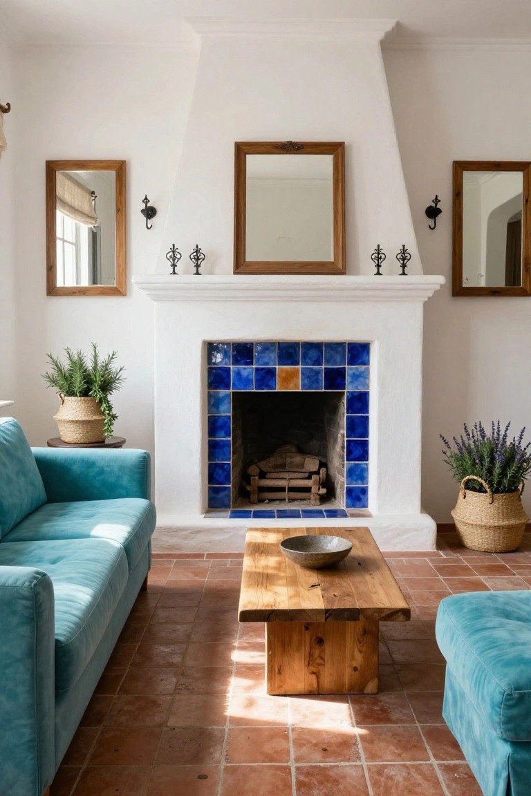 Living room with turquoise velvet sofas, low wooden coffee table, blue tiled fireplace on white surround, terracotta tile floors, potted rosemary and lavender plants, wooden mirrors, and candle sconces.