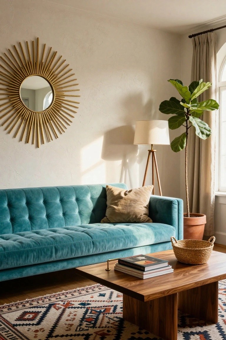 Turquoise tufted velvet sofa in a living room with beige walls, gold sunburst mirror, wooden coffee table, woven basket, tripod floor lamp, fiddle leaf fig plant, and arched window with cream curtains on a patterned rug.