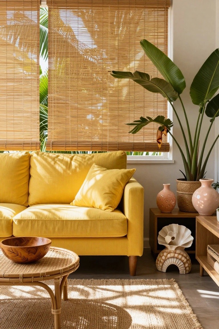 Sunlit living room with yellow fabric sofa, bamboo roller shades on two windows, tall potted tropical plants, rattan coffee table topped with carved wooden bowl, wooden side table holding shell sculptures and pink vases, and seagrass rug on tile floor.