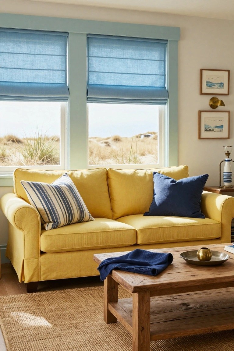 Living room featuring a yellow roll-arm sofa with striped and solid blue pillows, blue roman shades on windows overlooking sand dunes, wooden coffee table with blue throw, and seagrass rug.