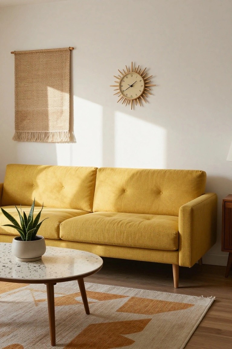 Mustard yellow tufted sofa in a white-walled living room with beige woven wall hanging, wooden sunburst clock, snake plant in white pot on round terrazzo coffee table, geometric woven rug, and wooden side table.