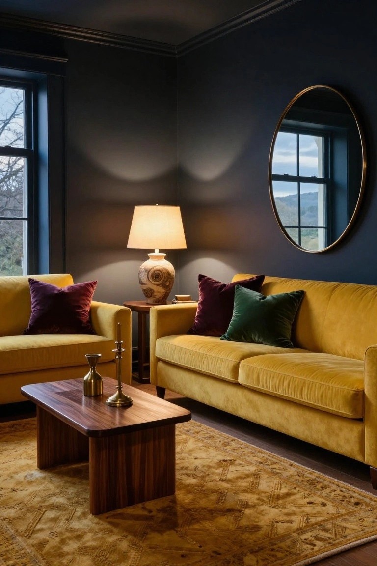 A living room corner featuring two mustard yellow velvet sofas with purple and green throw pillows, a low wooden coffee table with brass candlesticks, a ceramic table lamp on a wood side table, a large round gold mirror on navy walls, and a patterned rug on the floor.