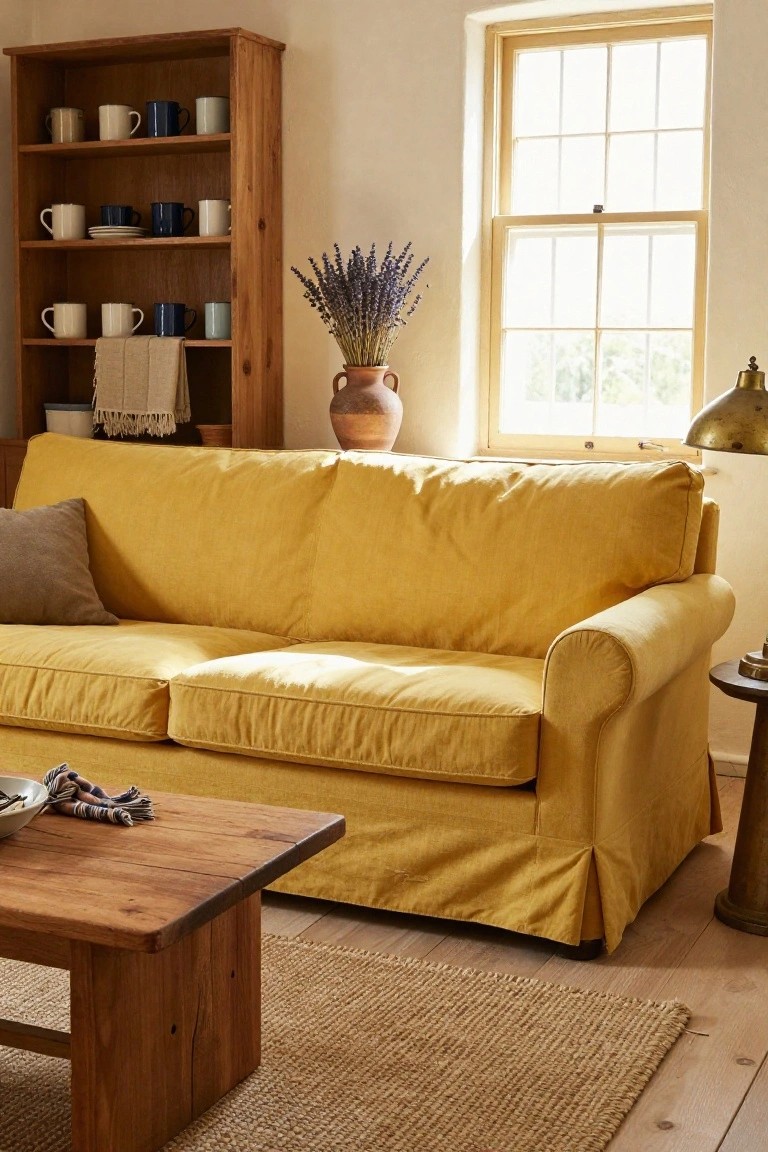 Living room with yellow slipcovered sofa, wooden bookshelves holding ceramic mugs, low wooden coffee table, terracotta pot of lavender near window, beige rug on wood floor.