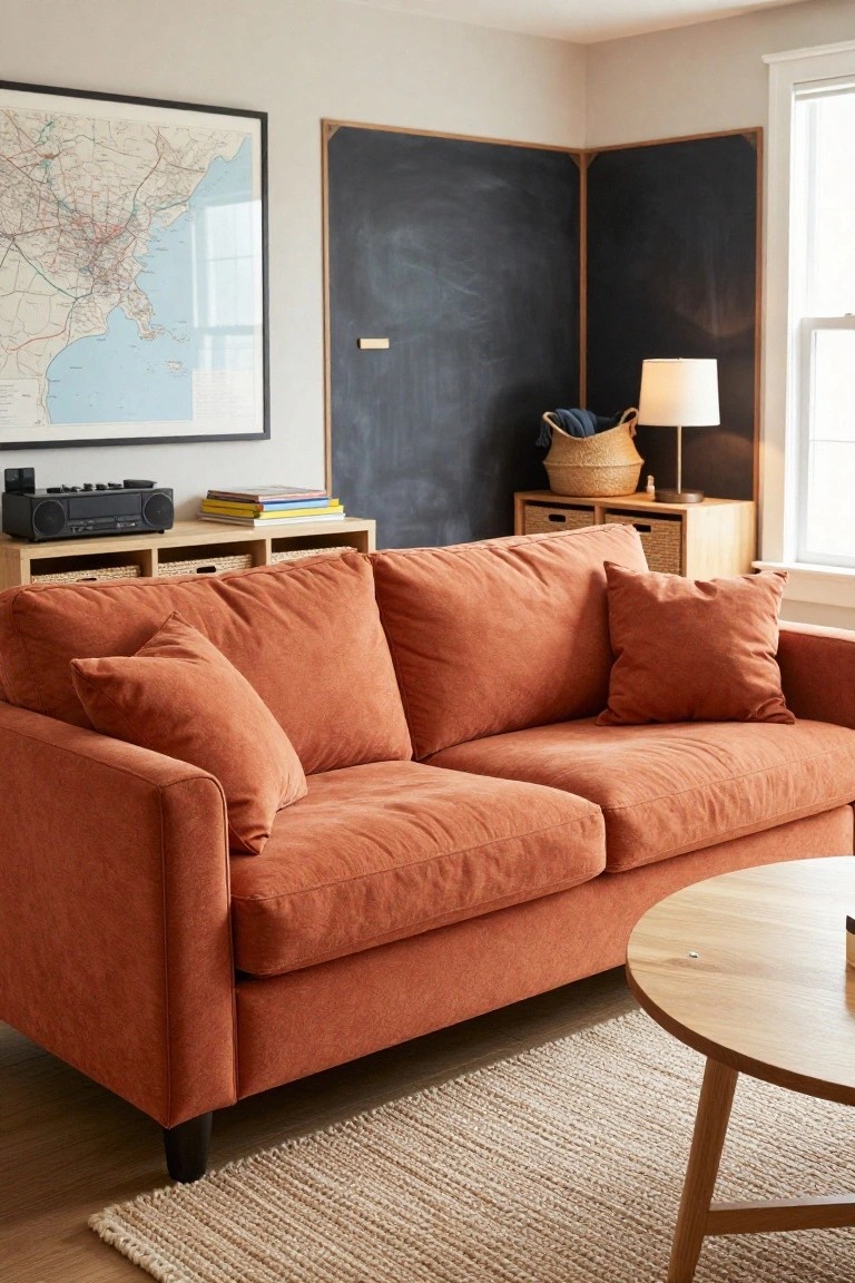 Living room corner with burnt orange fabric sofa, round light wood coffee table, seagrass rug, blackboard accent wall panels, wooden shelves holding baskets and books, boombox stereo, lamp, and large framed map on neutral walls.