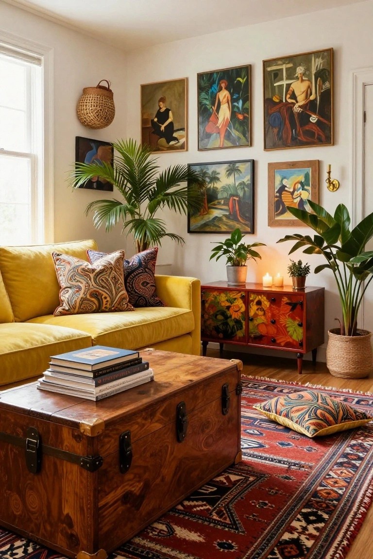 Living room with mustard yellow velvet sofa, patterned pillows, wooden trunk coffee table with stacked books, colorful painted credenza, multiple potted plants including palms and bird of paradise, eclectic framed artwork on white walls, and red patterned rug.