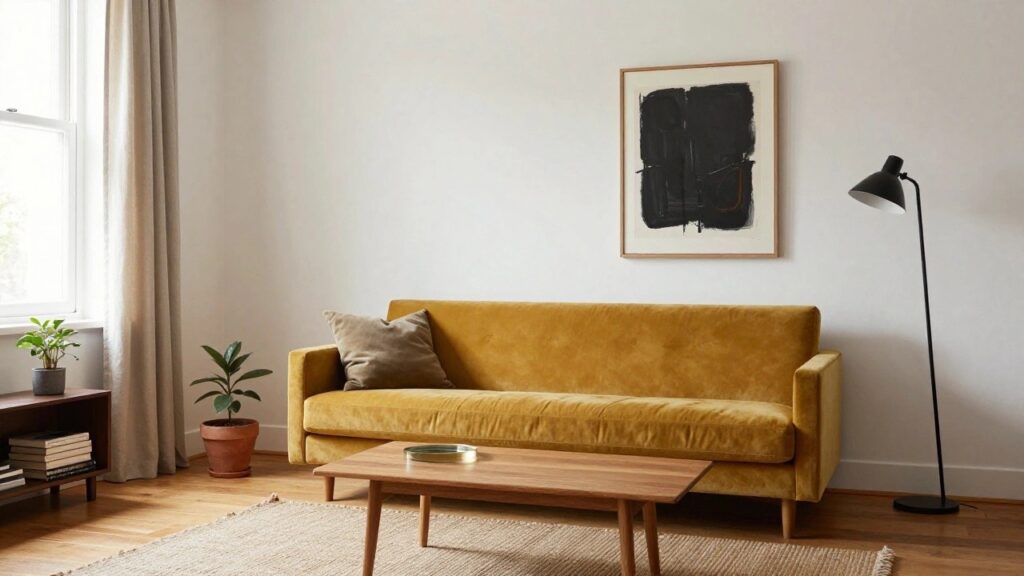 A living room with mustard yellow velvet sofa, low wooden coffee table with glass inset, seagrass rug, wooden bookshelf, potted plant by window with beige curtains, black arc lamp, and large abstract black artwork on white walls.