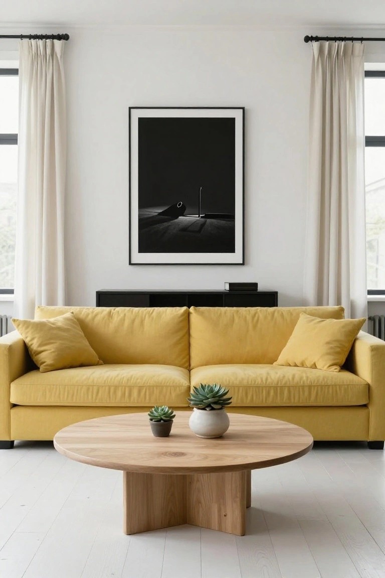Yellow sofa with pillows, round wooden coffee table, framed black art, white walls.