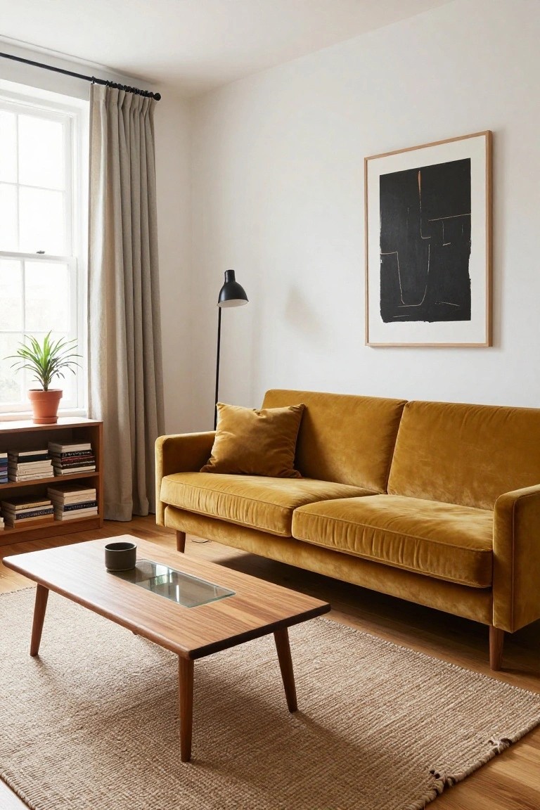 A living room with mustard yellow velvet sofa, low wooden coffee table with glass inset, seagrass rug, wooden bookshelf, potted plant by window with beige curtains, black arc lamp, and large abstract black artwork on white walls.
