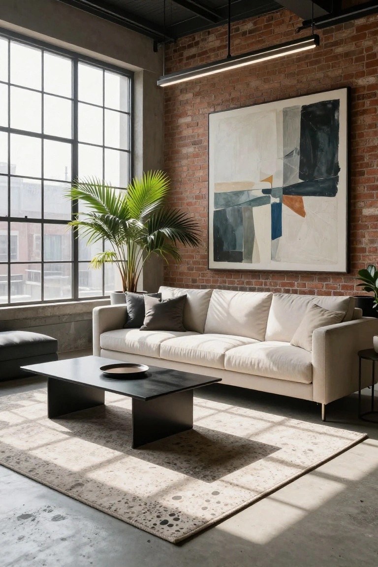 Industrial loft living room with light beige sofa, low black coffee table on a light rug, potted palm plant, large abstract painting on exposed brick wall, and tall metal-framed windows.