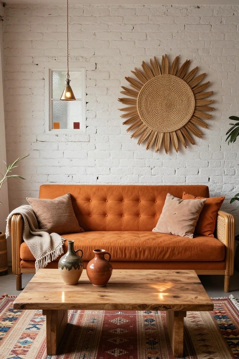 Orange tufted sofa with wooden coffee table and sunburst wall decor.