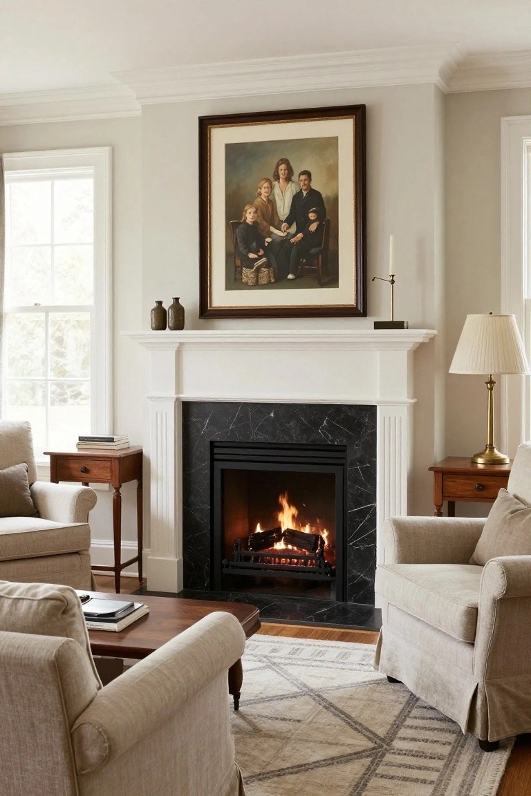 Living room interior with white fireplace surround, black marble hearth and active gas fireplace, beige slipcovered armchairs on either side with wooden side tables, facing slipcovered sofa and wood coffee table on patterned rug, large framed family portrait above mantel, neutral gray walls, and window light.