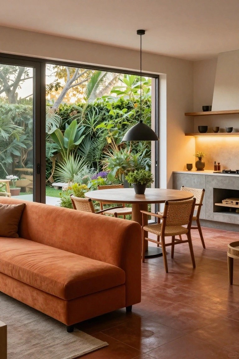 Modern indoor living room and kitchen with burnt orange sofa, round wooden table, rattan chairs, gray cabinets, terracotta tile floor, pendant light, shelves with pottery, and large sliding glass doors to lush tropical garden.