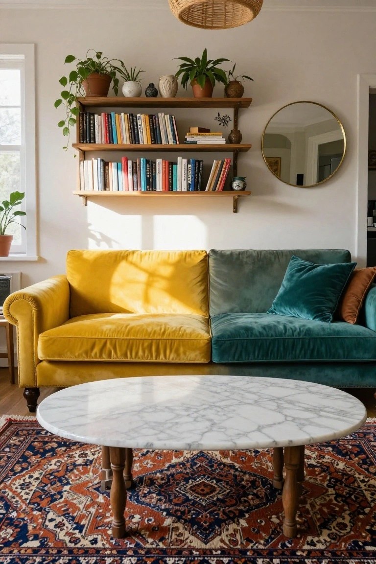 Living room with tufted yellow velvet sofa on left and teal velvet on right, round white marble coffee table on Persian rug, wooden shelves holding books and plants, round gold mirror on wall.