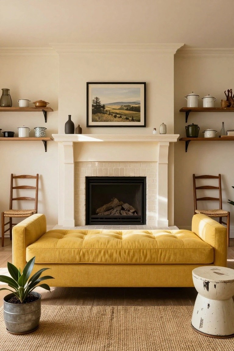 A yellow tufted sofa sits centered in front of a white brick fireplace in a light beige living room with wooden shelves holding pottery and plants on either side.