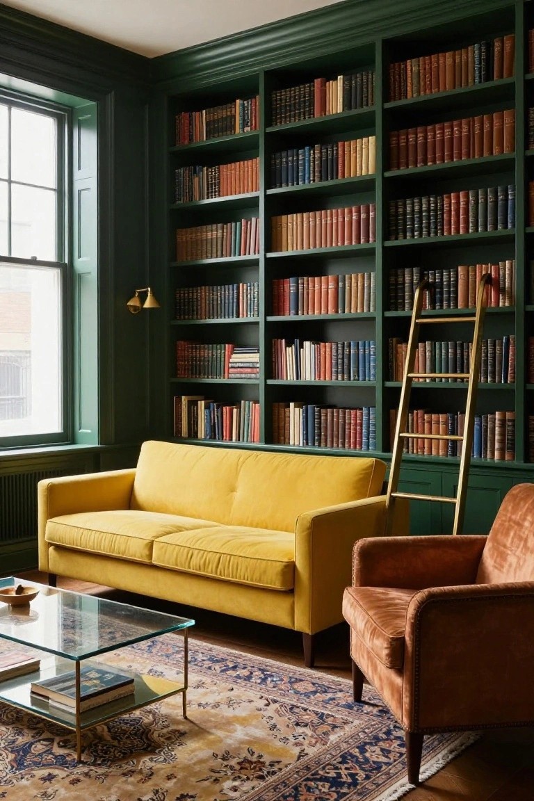 Emerald green library room with floor-to-ceiling bookshelves, yellow velvet sofa, burnt orange armchair, glass coffee table on Persian rug, and brass library ladder.