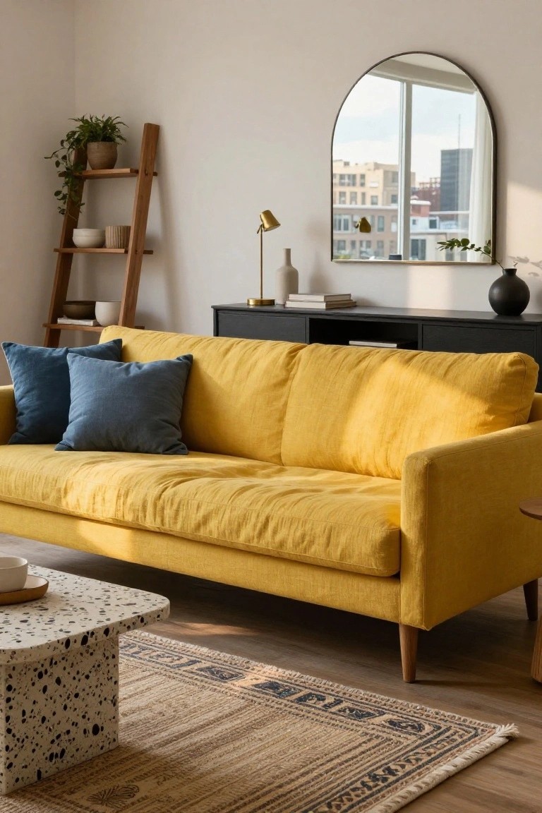 Living room with mustard yellow linen sofa, blue pillows, black media console, wooden ladder shelf holding plants and bowls, arched black mirror over console, terrazzo coffee table, and beige rug in front of large window with city view.