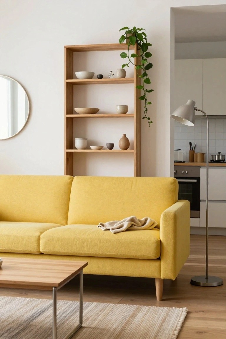 A living room with a yellow fabric sofa, wooden coffee table on a beige rug, tall open wooden shelving unit holding ceramics and a trailing plant, round mirror on white wall, arch floor lamp, and white kitchen visible through doorway on oak floor.