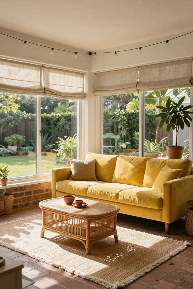 Sunlit sunroom interior with mustard yellow velvet sofa, beige throw pillows, rattan coffee table holding terracotta cups and saucer, indoor plants, linen roman shades on large windows showing garden view, string lights overhead, terracotta tile floor, neutral rug.