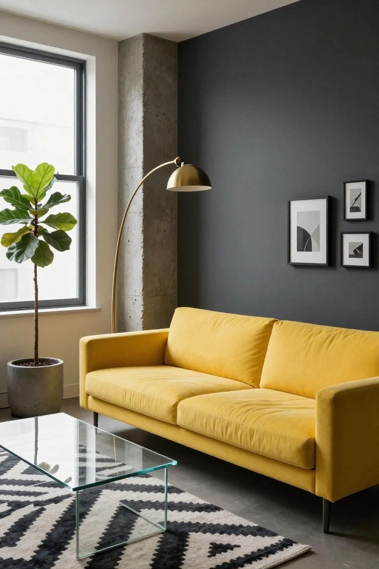 Modern living room interior with bright yellow modular sofa, clear glass coffee table on black and white zigzag rug, tall green fiddle leaf fig plant in gray pot, gold arc floor lamp, black-framed abstract artwork on dark gray wall next to exposed concrete pillar and large window.