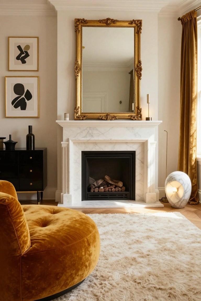 Living room corner with orange-yellow tufted velvet round sofa on cream rug in front of white marble fireplace with burning logs, large gold-framed mirror above mantel, black credenza with vases, abstract black-and-white artworks on wall, and mustard drapes at window.