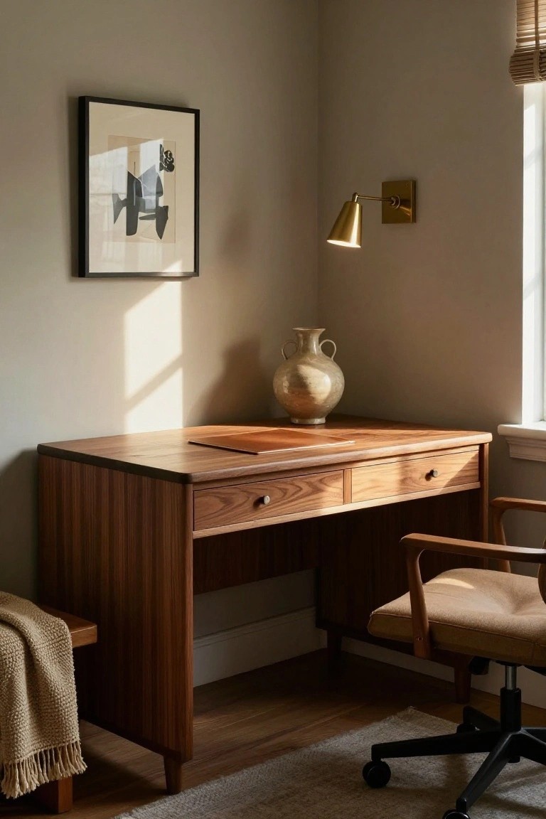 Mid-century wooden desk with drawers, chair, wall art, and brass lamp.