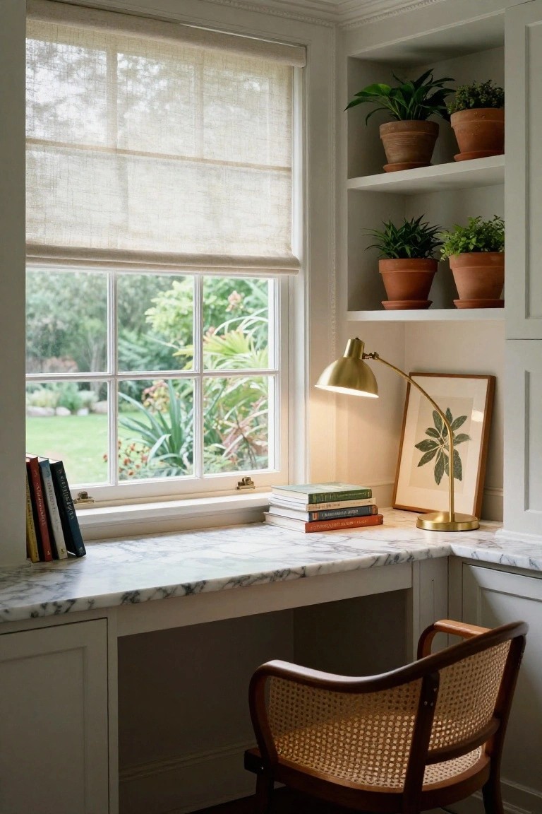 A white built-in corner desk with marble top under a window, featuring a brass lamp, stack of books, framed botanical print, wooden chair with cane seat, and potted plants on recessed shelves.