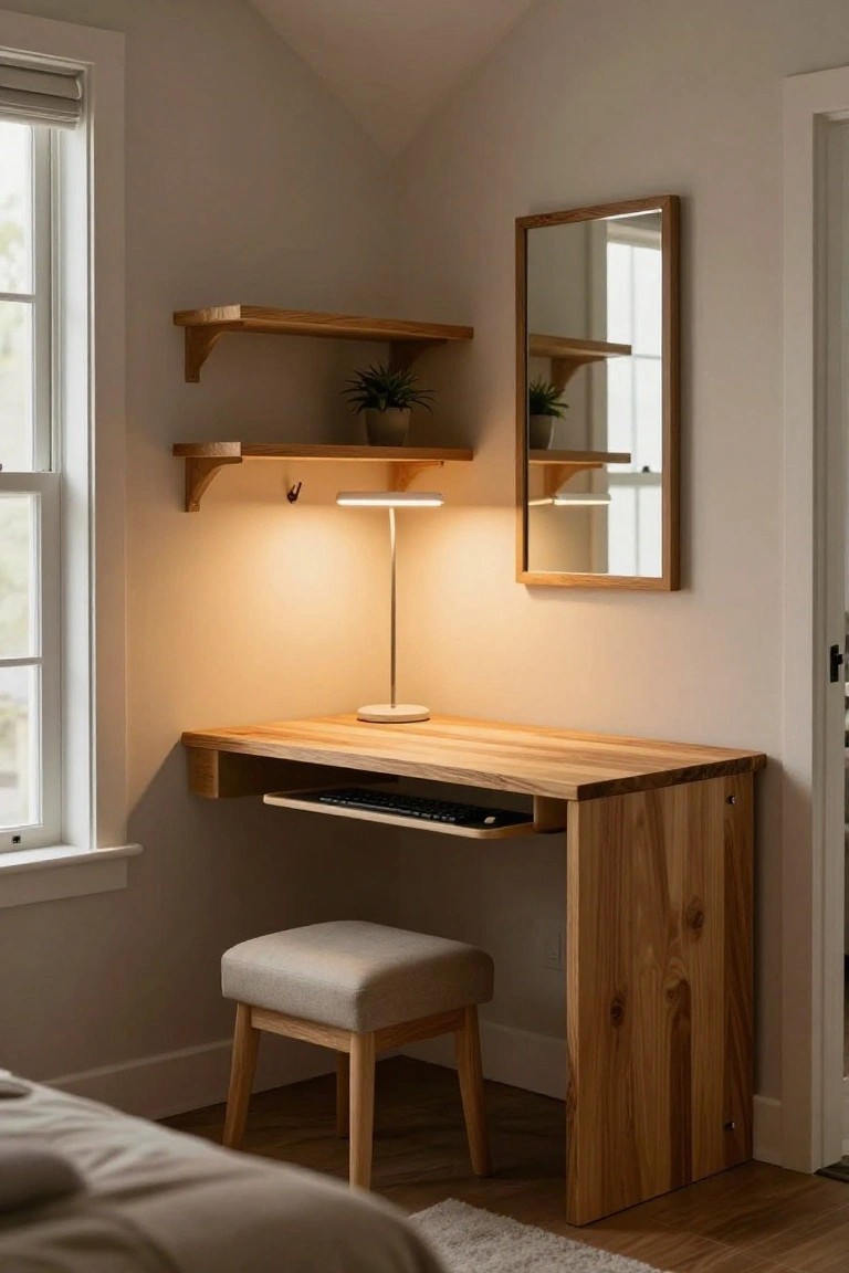 Minimalist wooden desk with floating shelves, mirror, and cushioned stool.