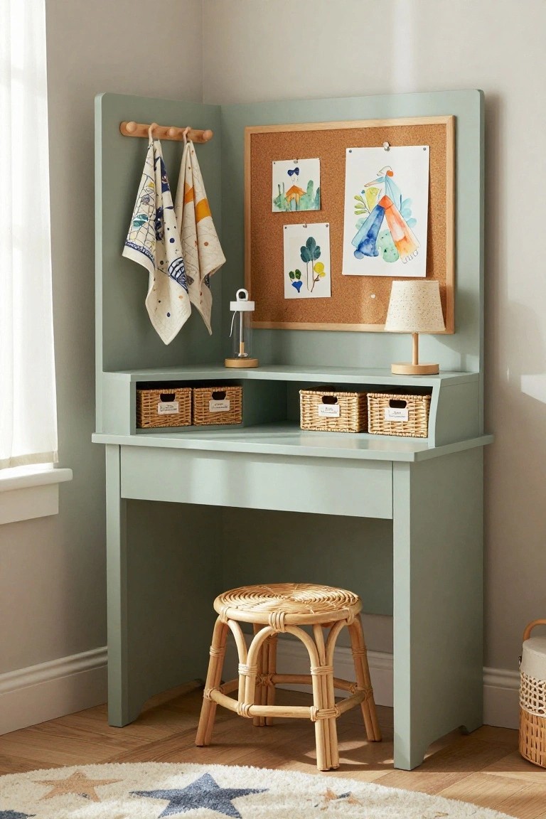 Sage green children's desk with corkboard, baskets, stool, and artwork.