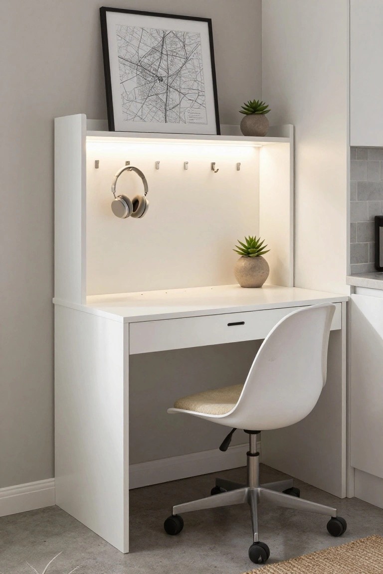 A white built-in corner desk with a hutch, LED lighting strip, metal hooks holding headphones, one drawer, a white swivel chair, and two small potted plants.