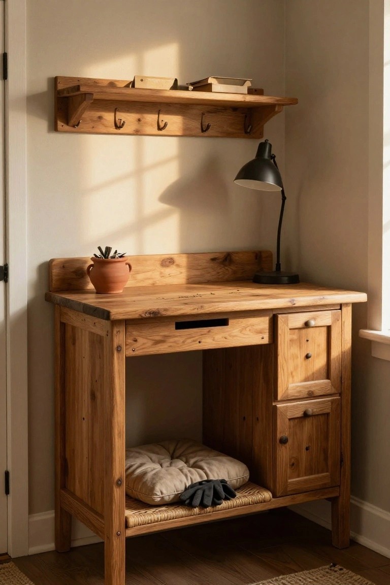Rustic wooden desk with shelf, black lamp, terracotta pot, and cushion.